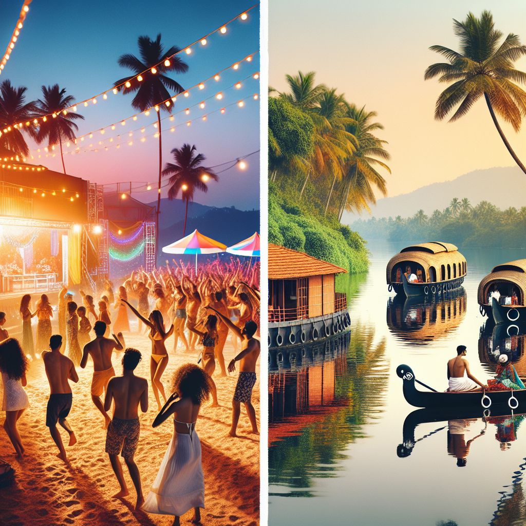 Left crowded beach party at sunset with string lights and a stage right calm tropical river with palm trees houseboats and a canoe while reflecting on the water  Beaches and Nightlife