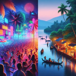 Split image left shows a neon lit crowded nightclub scene with palm trees and vibrant signs right shows a calm riverside village at sunset with boats and people along the shore  Beach Life and Nightlife Goa vs Kerala