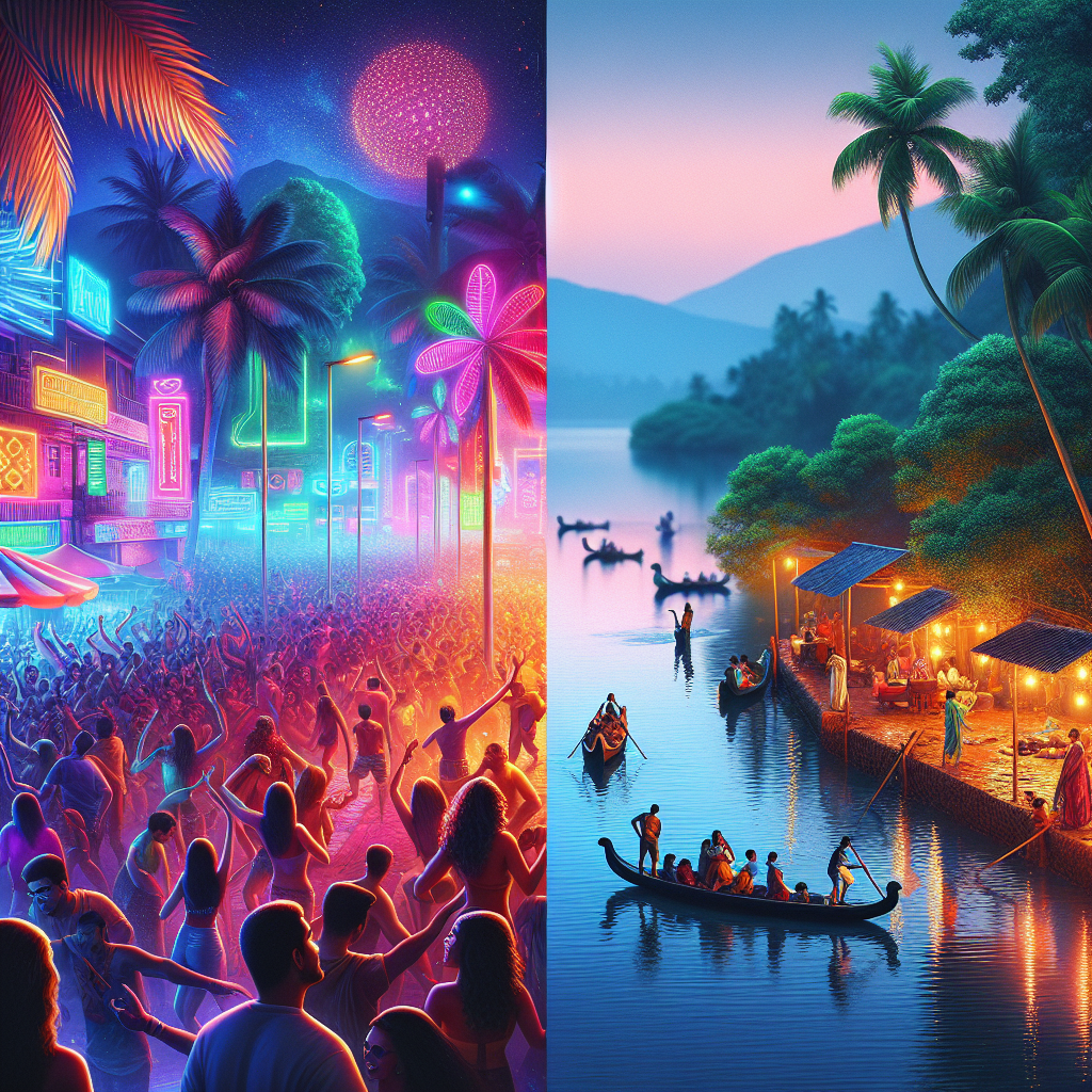 Split image left shows a neon lit crowded nightclub scene with palm trees and vibrant signs right shows a calm riverside village at sunset with boats and people along the shore  Beach Life and Nightlife Goa vs Kerala