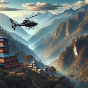 Helicopter flying over a misty Himalayan valley with layered mountains and traditional pagodas in the foreground  Understanding Manipur Heli Services